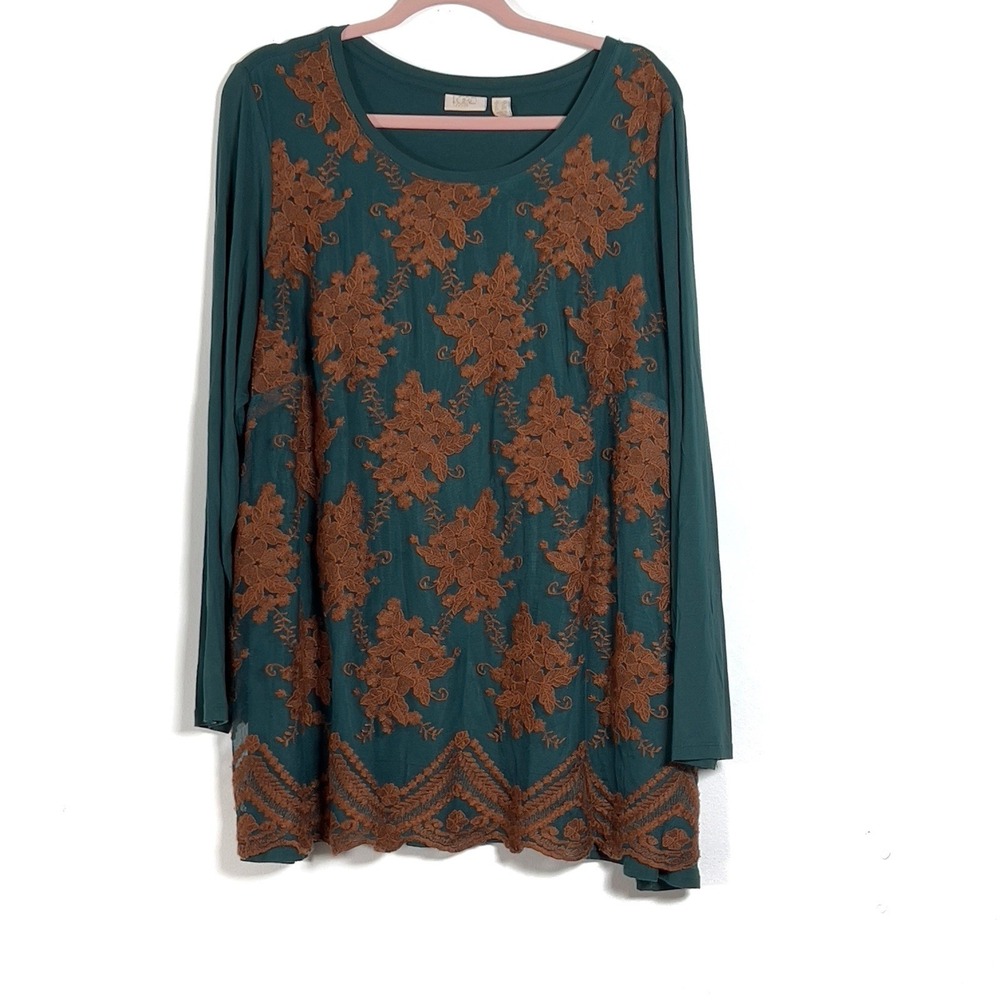 LOGO Lavish By Lori Goldstein Lace Overlay Tunic Top Sz 1X Green Long Sleeve
